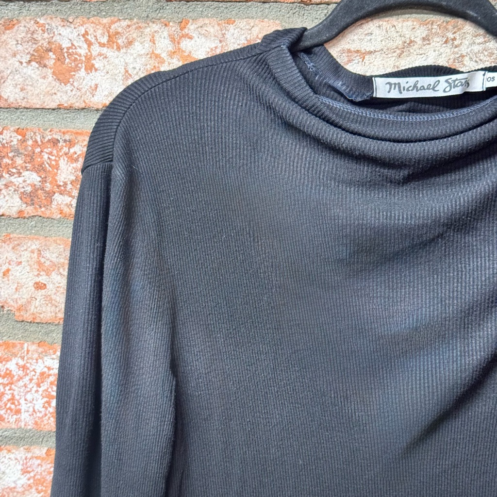 Michael Stars Black Ribbed Mock Neck Quarter Sleeve Top